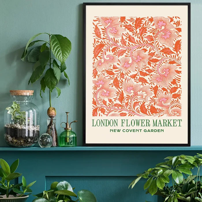 London Flower Market Covent Garden Print, floral art print black framed on a living room shelf