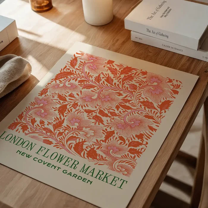 London Flower Market Covent Garden Print, floral art print unframed on a home office desk