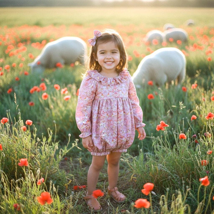 Long Sleeve Baby Liberty London Bubble Romper: Strawberry Thief Floral Print, Ruffle Pierrot Collar