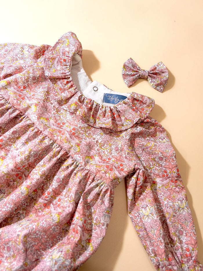 Long Sleeve Baby Liberty London Bubble Romper: Strawberry Thief Floral Print, Ruffle Pierrot Collar