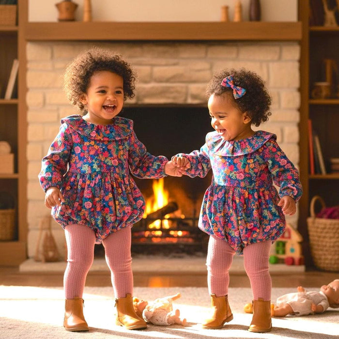 Long Sleeve Baby Liberty London Bubble Romper: Strawberry Thief Floral Print, Ruffle Pierrot Collar