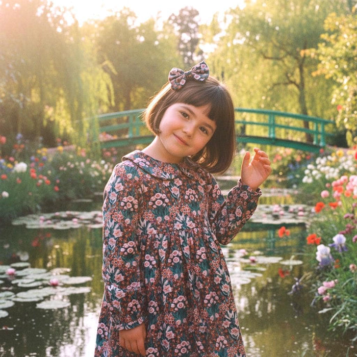 Long Sleeve Liberty Floral Print Girl Dress: Peter Pan Collar, Ditsy Botanical Cotton Print