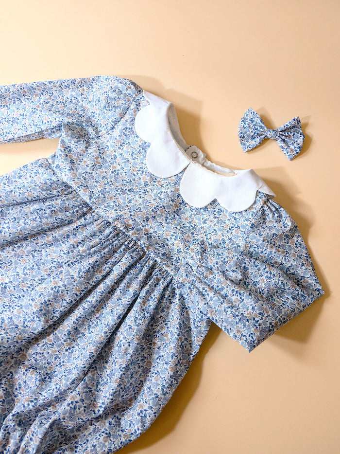 Long Sleeve Liberty London Baby Bubble: Ditsy Floral Print Cotton Romper, Scallop Collar