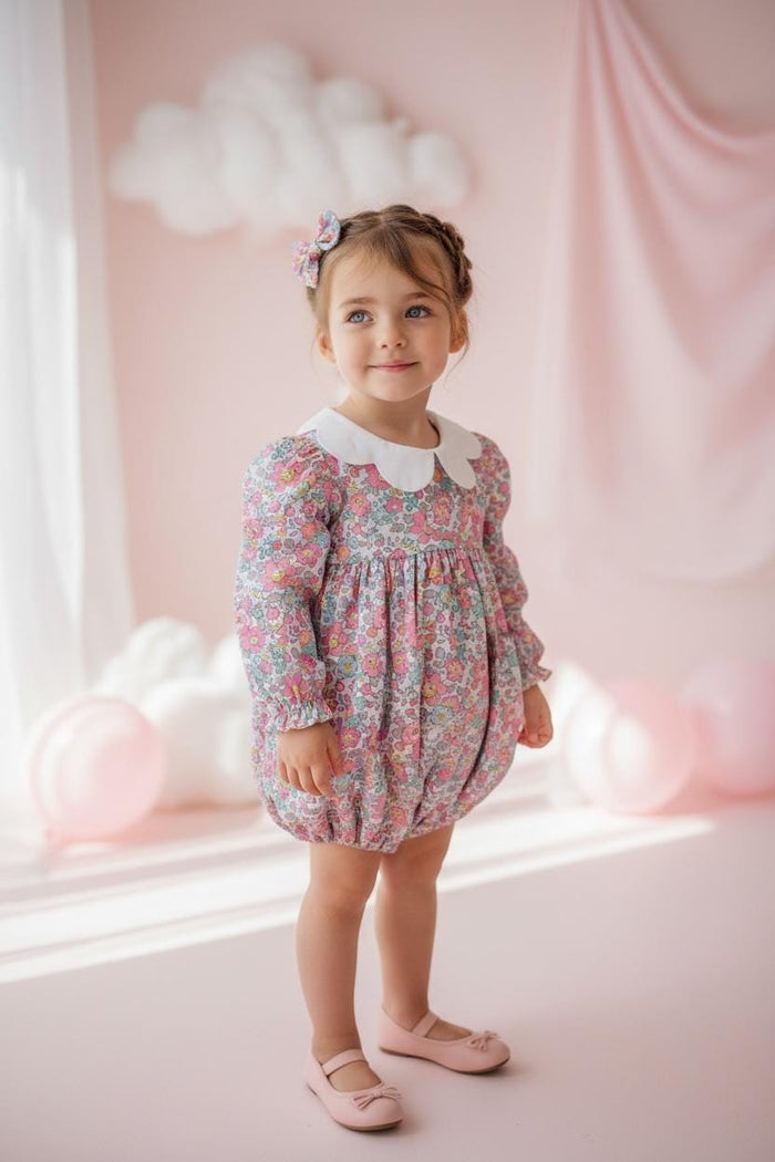 Long Sleeve Liberty London Baby Bubble: Ditsy Floral Print Cotton Romper, Scallop Collar