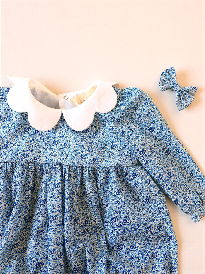 Long Sleeve Liberty London Baby Bubble Romper: Scallop Collar Onesie, Floral Print