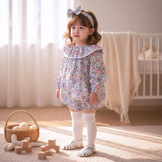Long Sleeve Liberty London Baby Romper: Floral Print Cotton Bubble, Ruffle Collar Playsuit