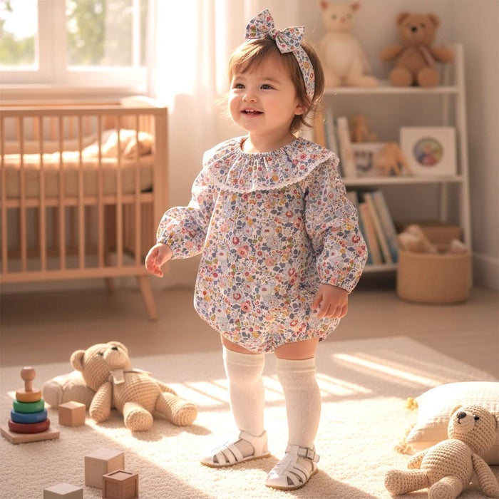 Long Sleeve Liberty London Baby Romper: Floral Print Cotton Bubble, Ruffle Collar Playsuit