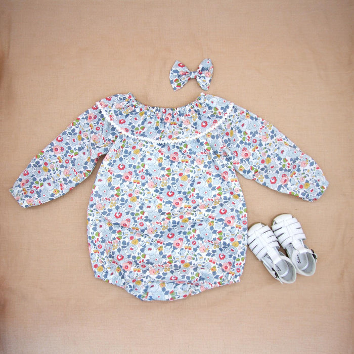 Long Sleeve Liberty London Baby Romper: Floral Print Cotton Bubble, Ruffle Collar Playsuit
