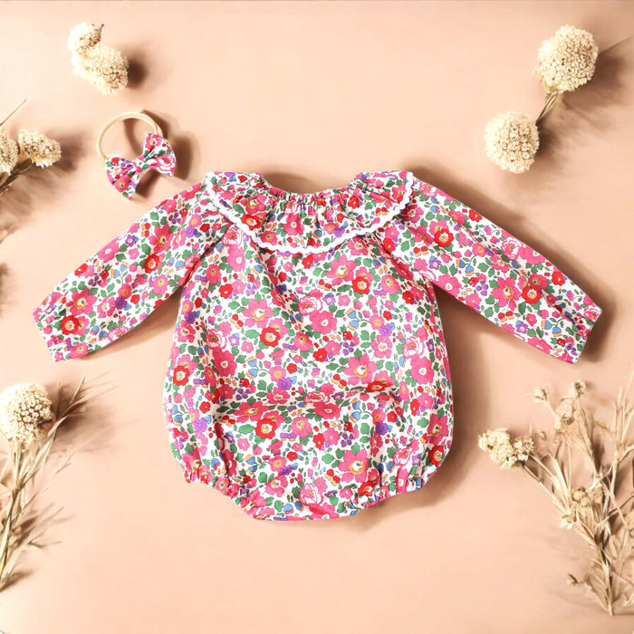 Long Sleeve Liberty London Baby Romper: Floral Print Cotton Bubble, Ruffle Collar Playsuit
