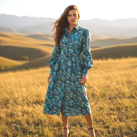 Long Sleeve Liberty London Shirt Dress: Botanical Floral Print, Midi Flower Dress