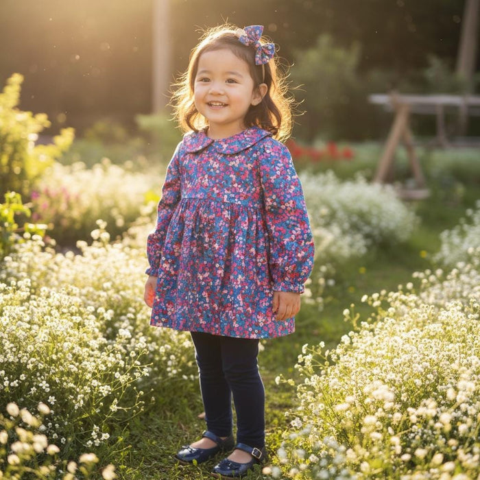May include: A young child wearing a blue floral print dress with a matching bow in their hair. The dress has a Peter Pan collar and long sleeves. The child is also wearing navy blue leggings and shoes. The background is a garden with white flowers.
