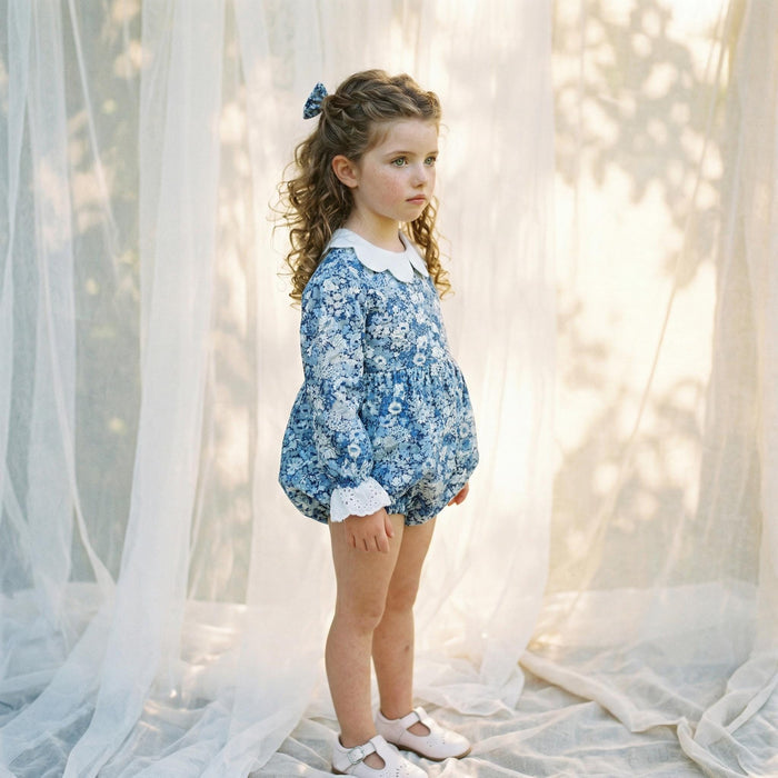 Long-Sleeved Liberty London Special Occasion Bubble Playsuit, Handmade Sustainable Children-wear, Ditsy Floral Children Romper