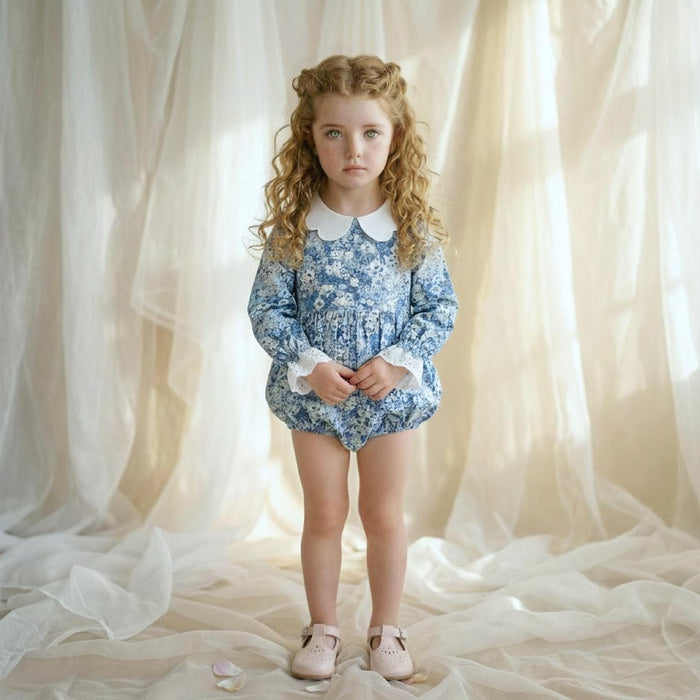 Long-Sleeved Liberty London Special Occasion Bubble Playsuit, Handmade Sustainable Children-wear, Ditsy Floral Children Romper