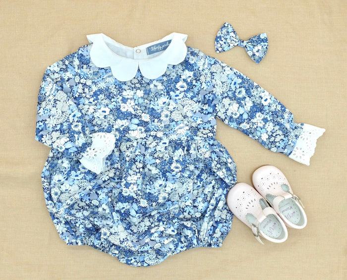 Long-Sleeved Liberty London Special Occasion Bubble Playsuit, Handmade Sustainable Children-wear, Ditsy Floral Children Romper