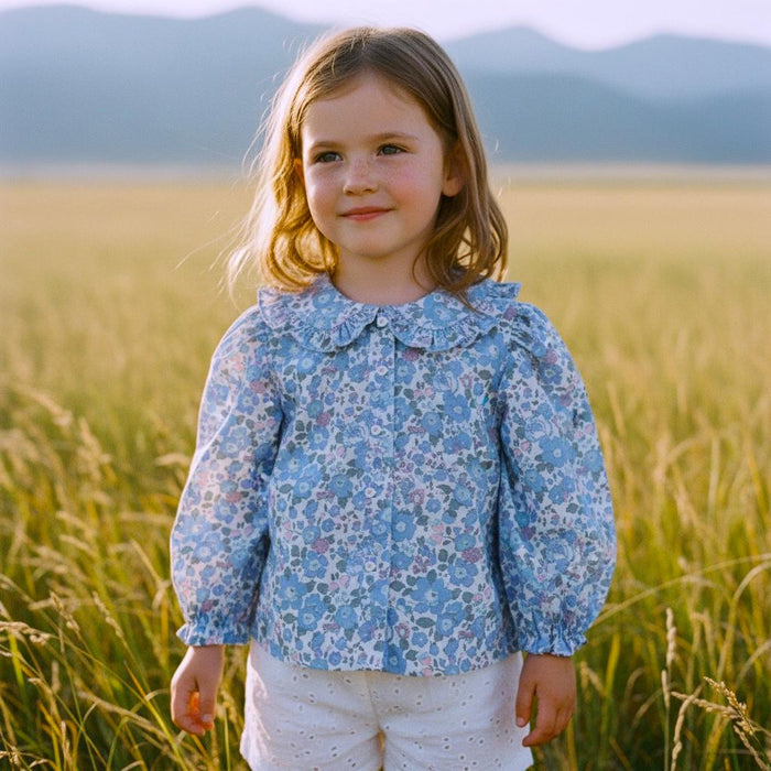 Long Sleeves Liberty Ditsy Floral Girl Top: Peter Pan Ruffle Collar, Button Through Blouse