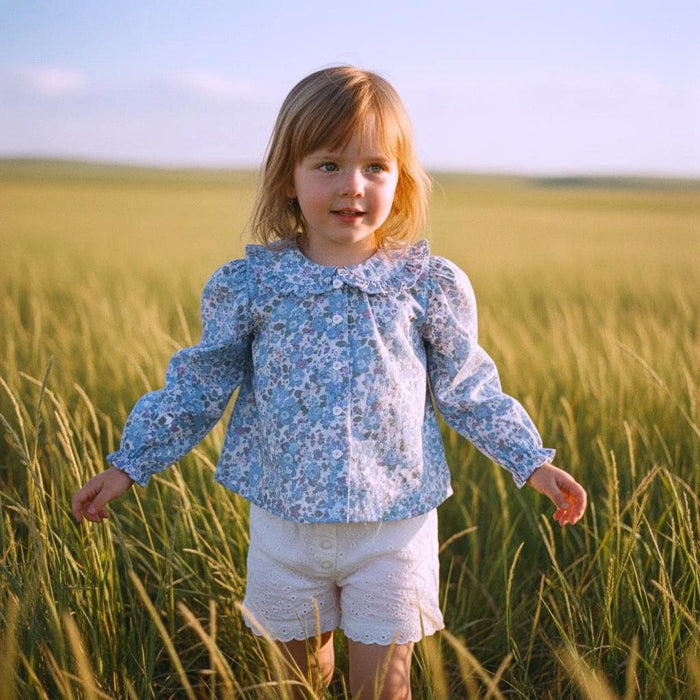 Long Sleeves Liberty Ditsy Floral Girl Top: Peter Pan Ruffle Collar, Button Through Blouse