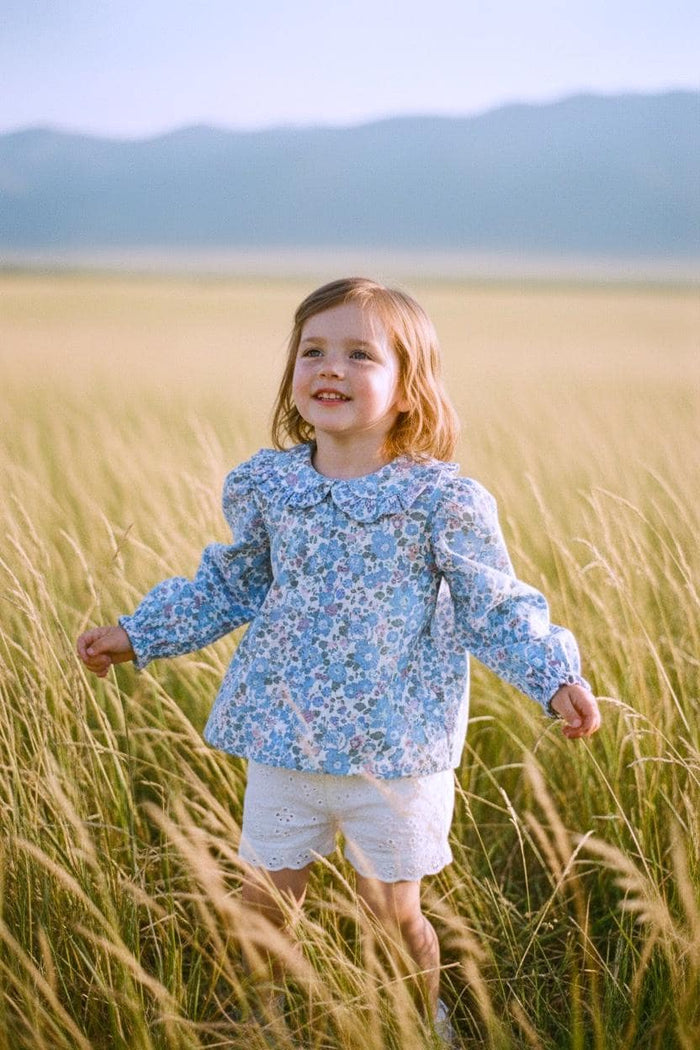 Long Sleeves Liberty Ditsy Floral Girl Top: Peter Pan Ruffle Collar, Button Through Blouse