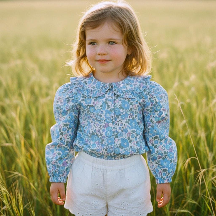 Long Sleeves Liberty Ditsy Floral Girl Top: Peter Pan Ruffle Collar, Button Through Blouse