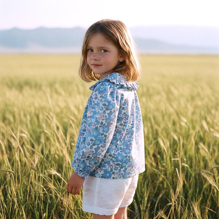 Long Sleeves Liberty Ditsy Floral Girl Top: Peter Pan Ruffle Collar, Button Through Blouse