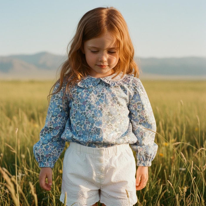 Long Sleeves Liberty Ditsy Floral Girl Top: Peter Pan Ruffle Collar, Button Through Blouse