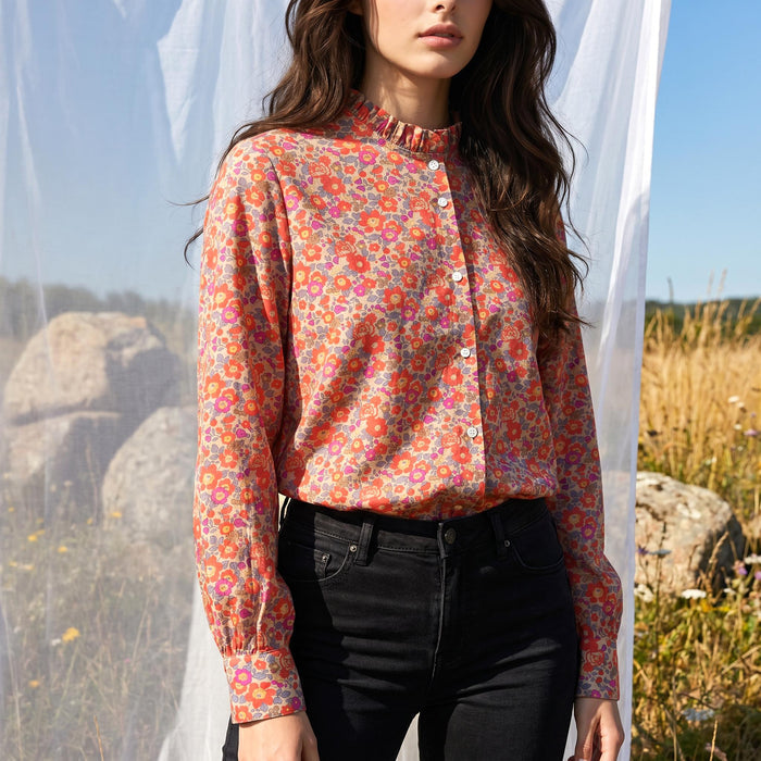 Long Sleeves Liberty London Ruffle Collared Button-up Blouse, Personalised Cotton Chemise, Handmade Sustainable Womenswear