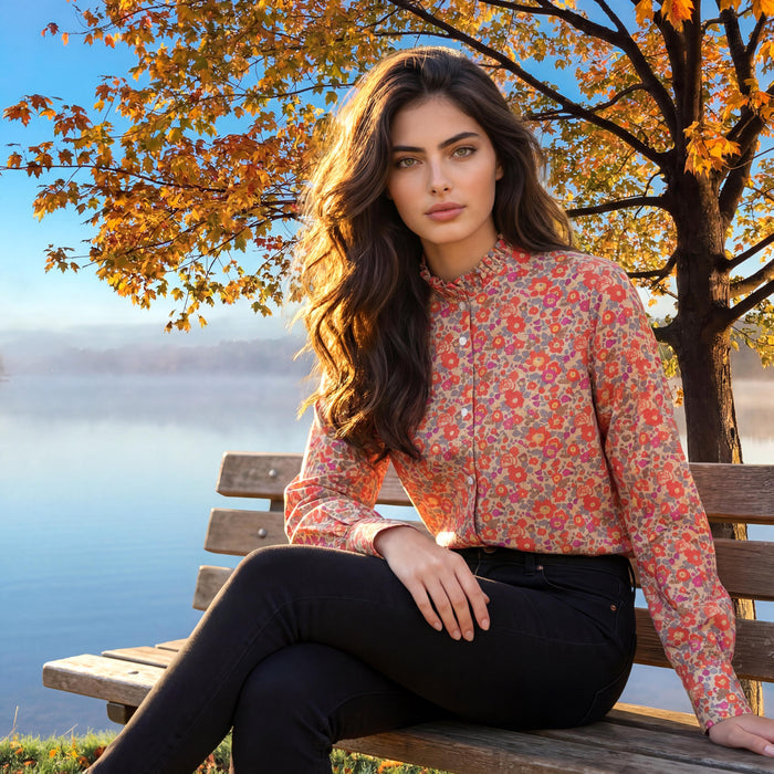 Long Sleeves Liberty London Ruffle Collared Button-up Blouse, Personalised Cotton Chemise, Handmade Sustainable Womenswear