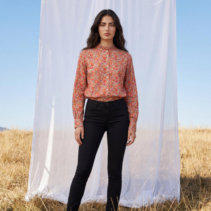 Long Sleeves Liberty London Ruffle Collared Button-up Blouse, Personalised Cotton Chemise, Handmade Sustainable Womenswear