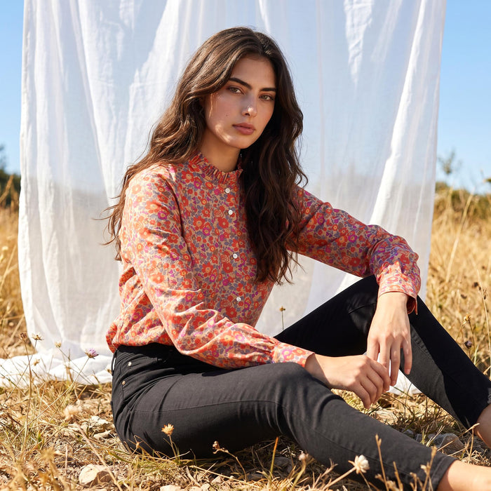 Long Sleeves Liberty London Ruffle Collared Button-up Blouse, Personalised Cotton Chemise, Handmade Sustainable Womenswear