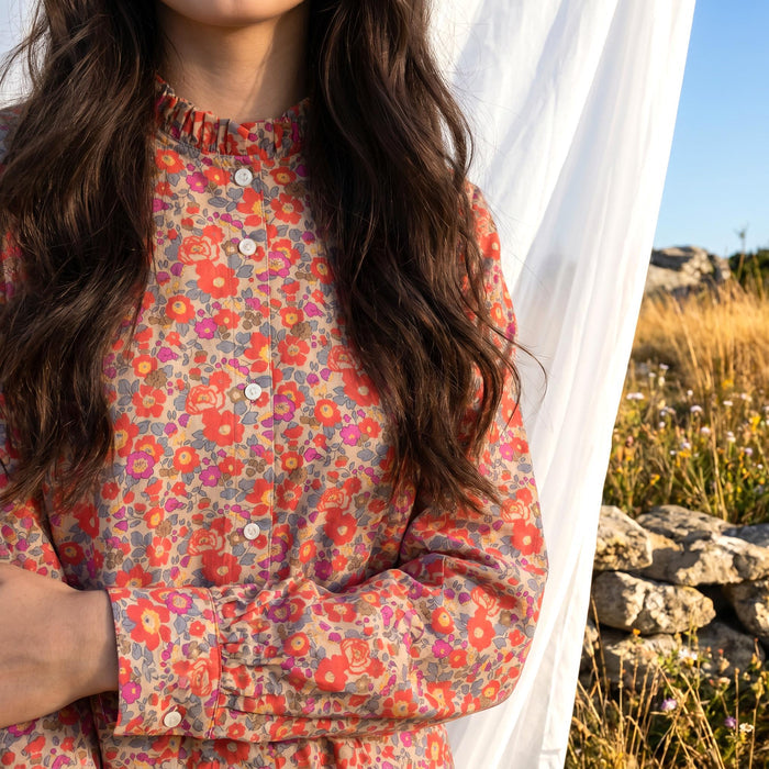 Long Sleeves Liberty London Ruffle Collared Button-up Blouse, Personalised Cotton Chemise, Handmade Sustainable Womenswear