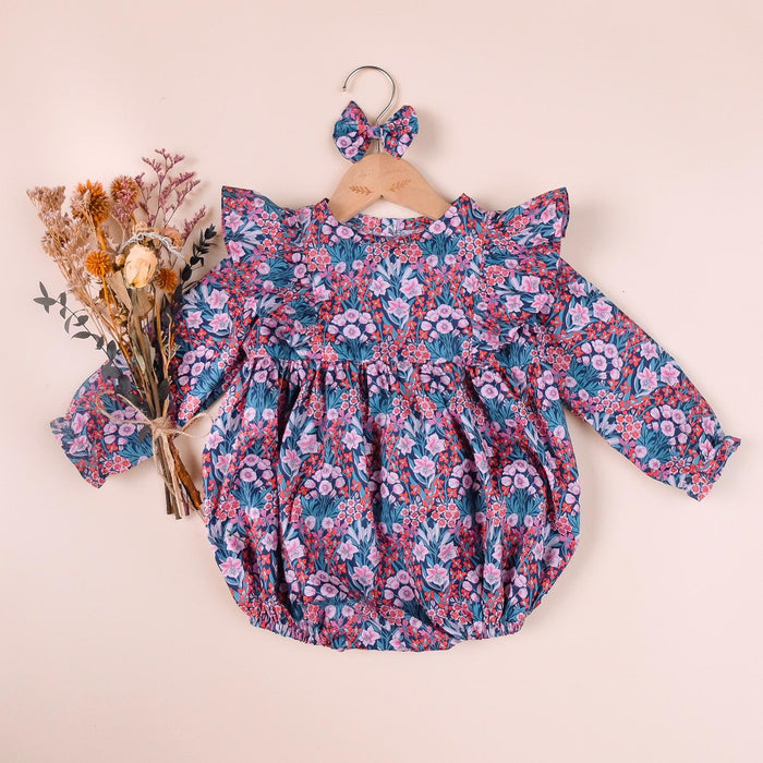 Long Sleeves Liberty Print Baby Bubble Romper: Ditsy Floral Cotton, Ruffle Playsuit Onesie
