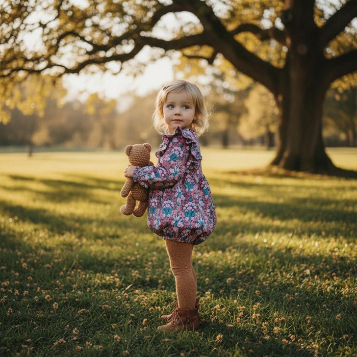 Long Sleeves Liberty Print Baby Bubble Romper: Ditsy Floral Cotton, Ruffle Playsuit Onesie
