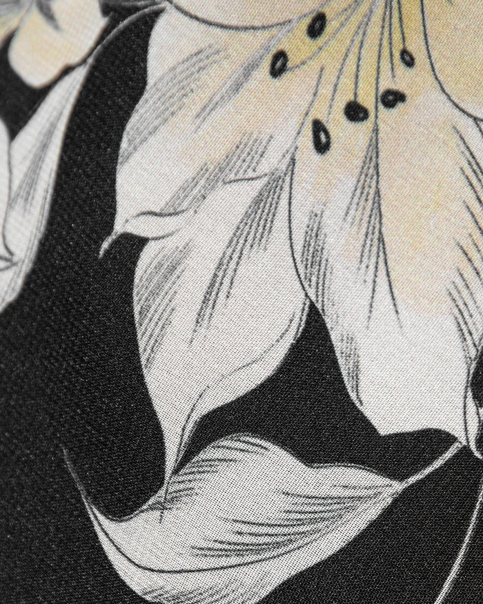 Close-up of the LSPACE Lover Maxi Dress in petal to the metal, showcasing the floral lily print pattern on dark fabric.