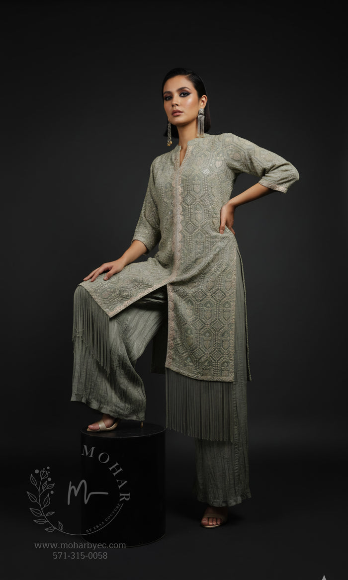 Luknowi Indo-Western Kurta Set with Fringe