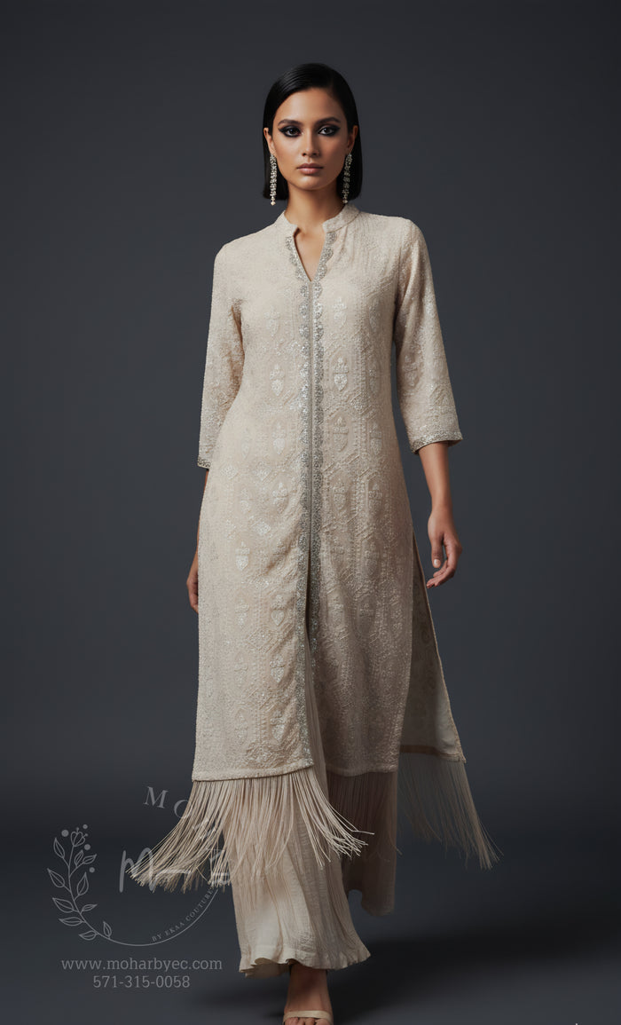 Luknowi Indo-Western Kurta Set with Fringe