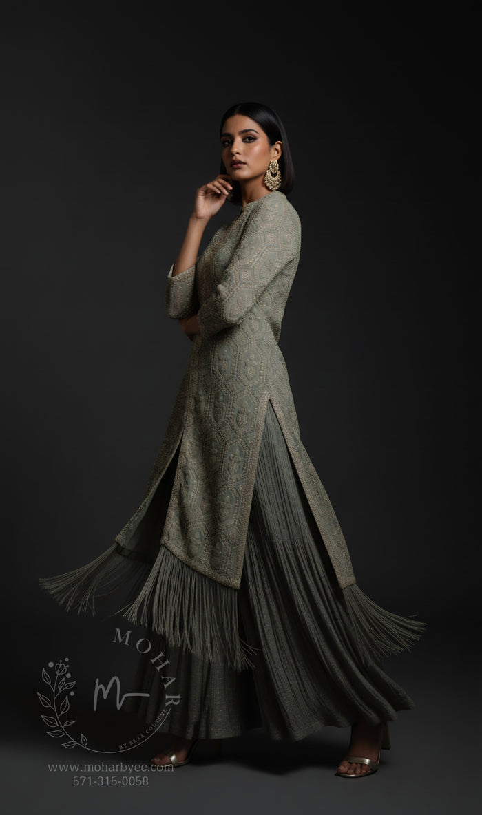 Luknowi Indo-Western Kurta Set with Fringe