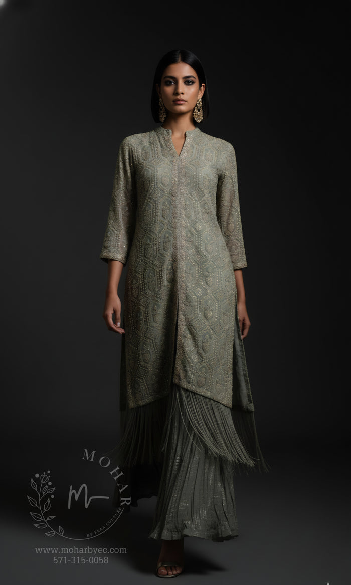 Luknowi Indo-Western Kurta Set with Fringe