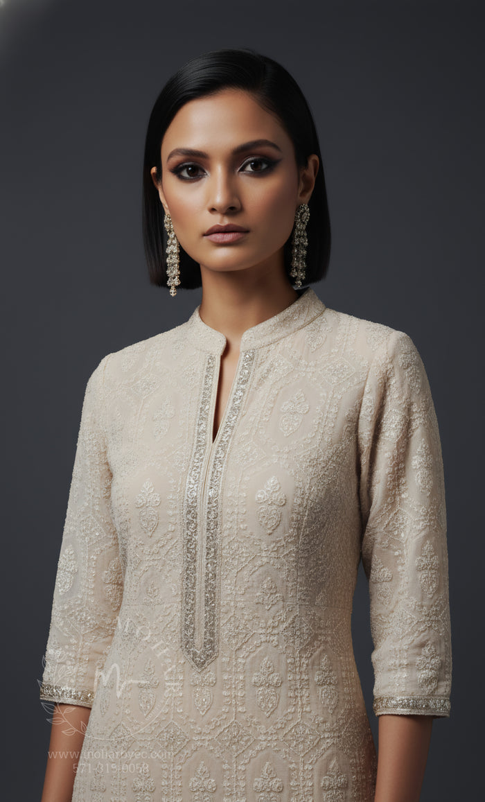 Luknowi Indo-Western Kurta Set with Fringe
