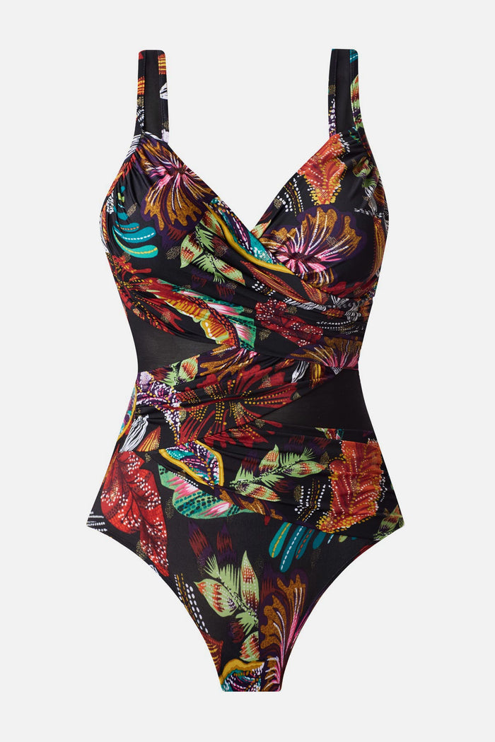 Multicolored floral printed one-piece swimsuit with mesh cutouts
