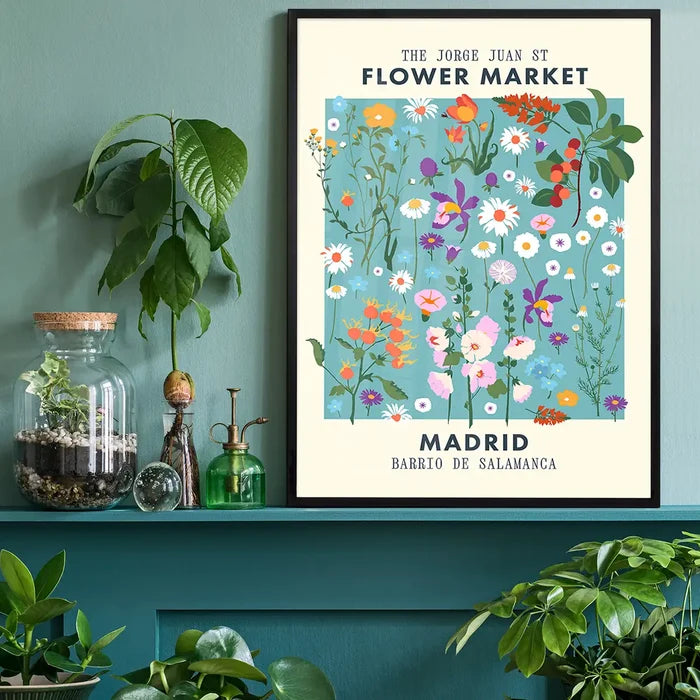 Madrid Flower Market Print, floral art print black framed on a living room shelf