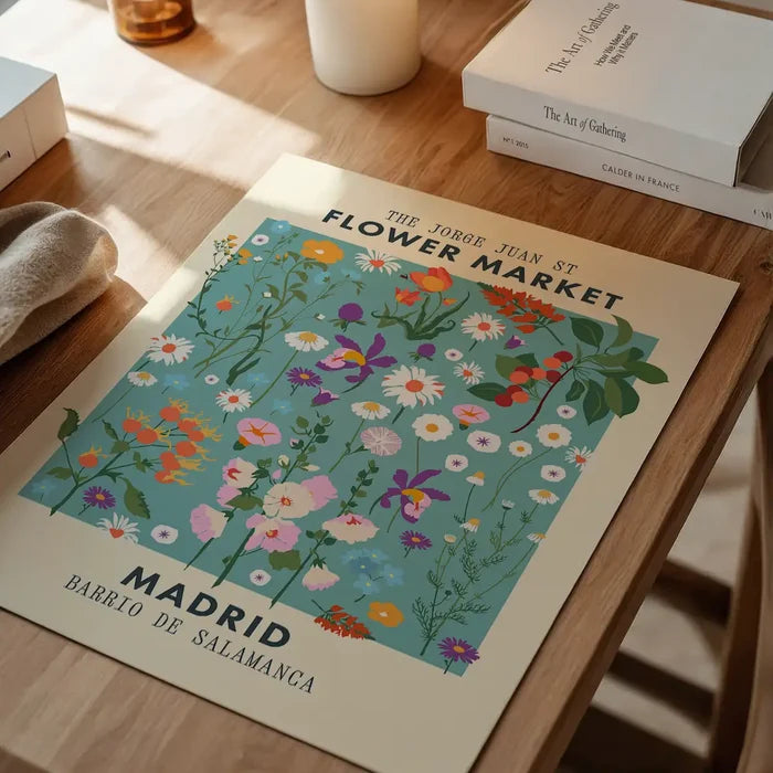 Madrid Flower Market Print, floral art print unframed on a home office desk