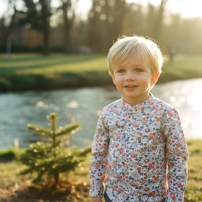 Mandarin Collar Liberty London Fabric Long Sleeve Boy Shirt: Button Up, Botanical Floral Print