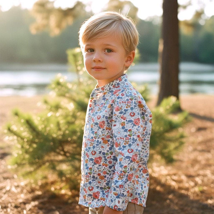 Mandarin Collar Liberty London Fabric Long Sleeve Boy Shirt: Button Up, Botanical Floral Print
