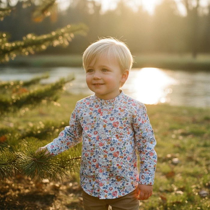 Mandarin Collar Liberty London Fabric Long Sleeve Boy Shirt: Button Up, Botanical Floral Print