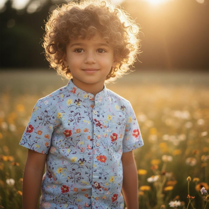 Mandarin Collar Liberty London Fabric Short Sleeve Boy Shirt: Button Up, Botanical Floral