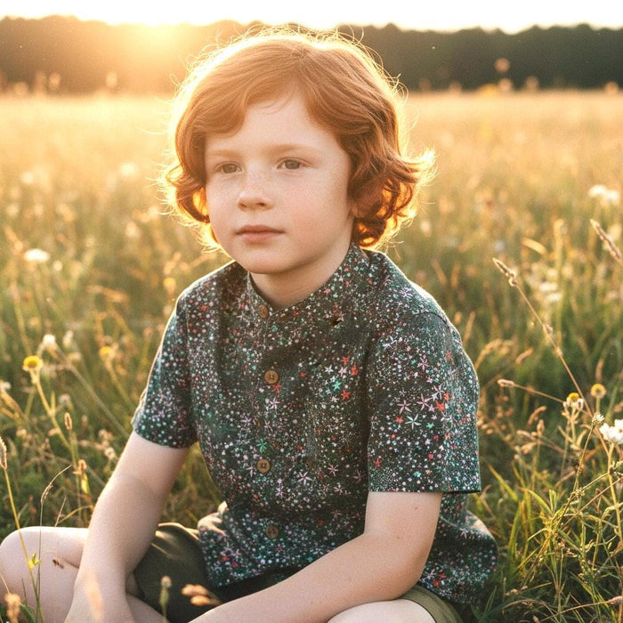 Mandarin Collar Liberty London Fabric Short Sleeve Boy Shirt: Button Up, Botanical Floral Print