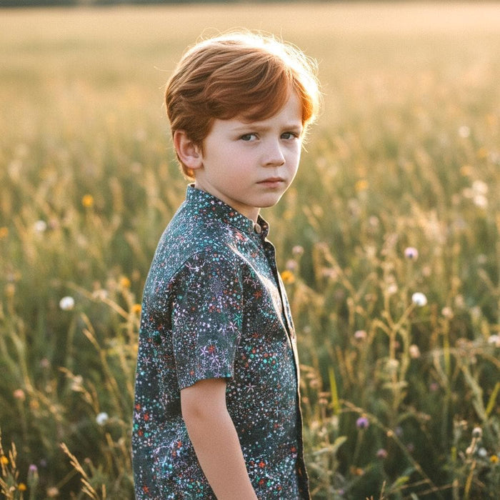 Mandarin Collar Liberty London Fabric Short Sleeve Boy Shirt: Button Up, Botanical Floral Print