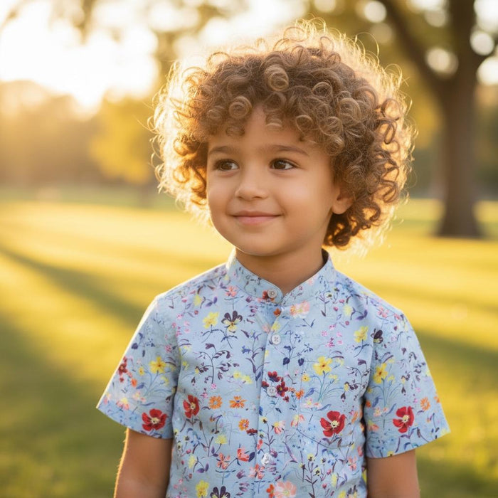 Mandarin Collar Liberty London Fabric Short Sleeve Boy Shirt: Button Up, Botanical Floral
