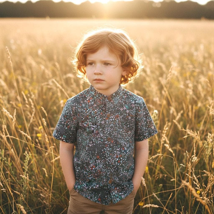 Mandarin Collar Liberty London Fabric Short Sleeve Boy Shirt: Button Up, Botanical Floral Print