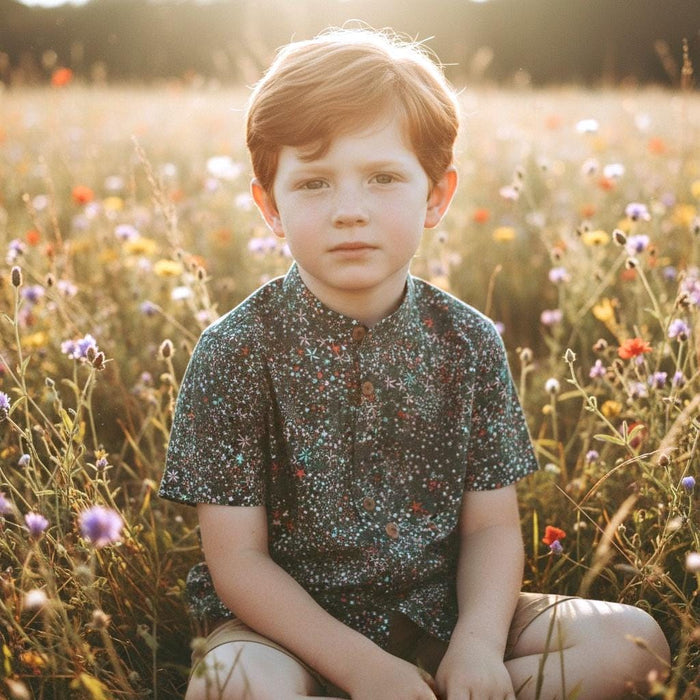 Mandarin Collar Liberty London Fabric Short Sleeve Boy Shirt: Button Up, Botanical Floral Print