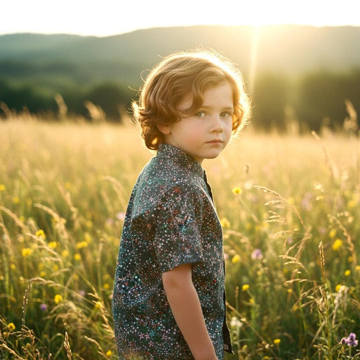 Mandarin Collar Liberty London Fabric Short Sleeve Boy Shirt: Button Up, Botanical Floral Print